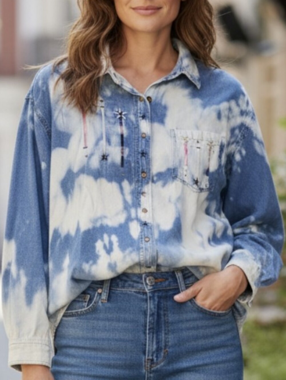 Vintage Upcycled Denim Shirt Womens XL Embroidered Patriotic Handmade